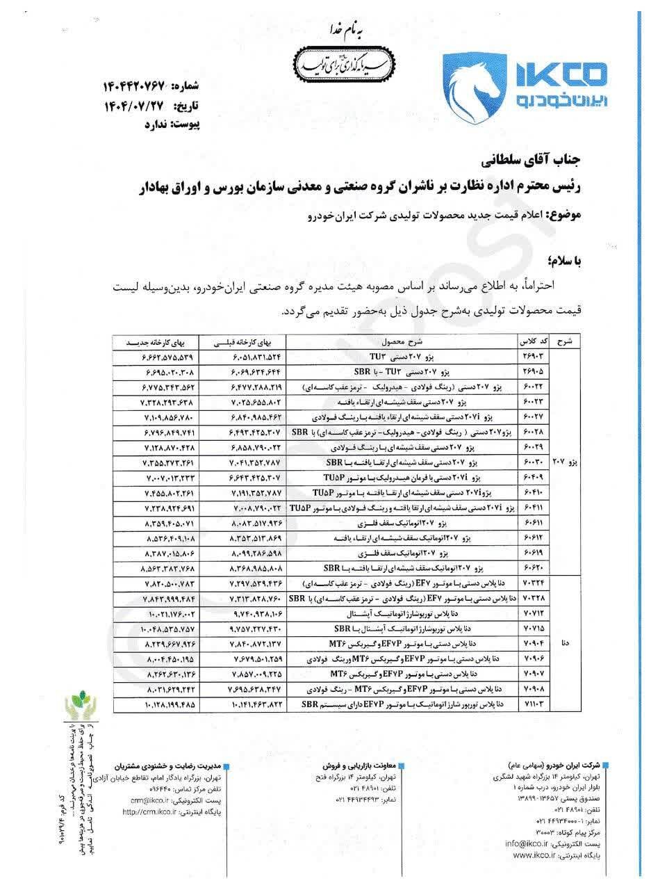 رونمایی ایران‌خودرو از قیمت جدید محصولاتش +جدول