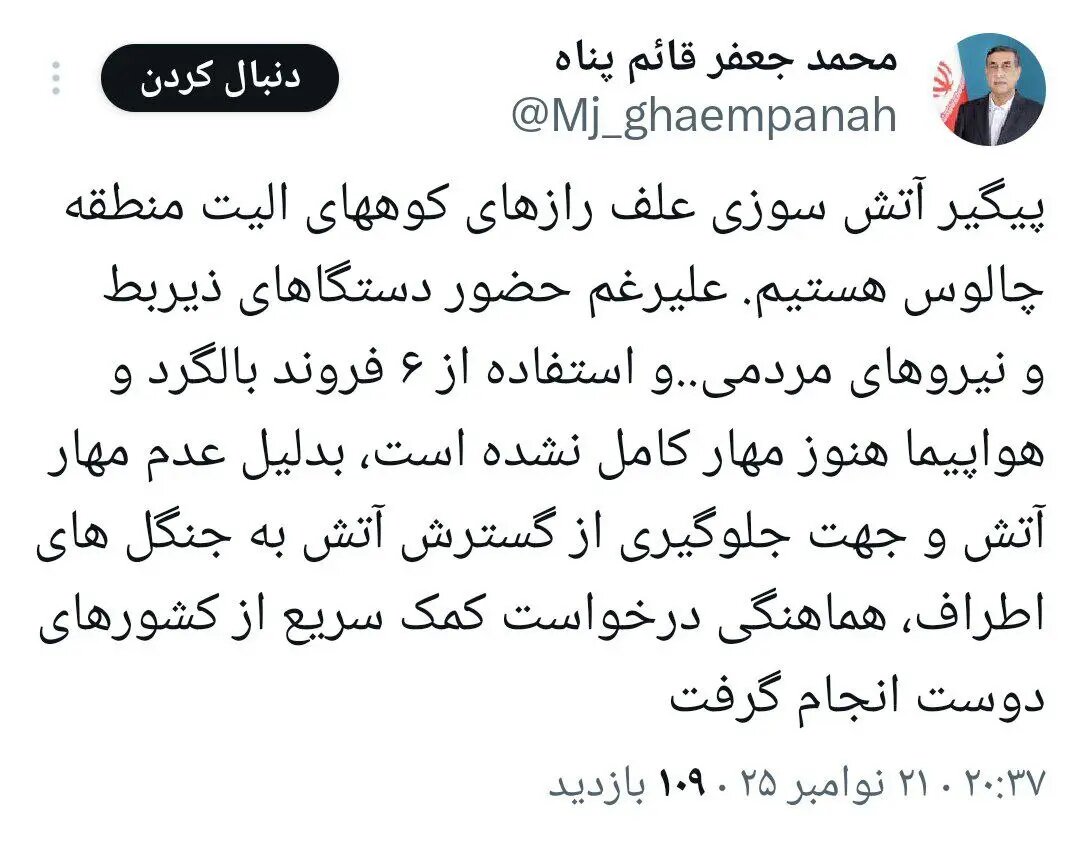 آتش در الیت چالوس؛ معاون اجرایی پزشکیان از درخواست کمک بین‌المللی خبر داد