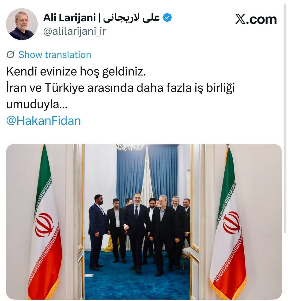 لاریجانی خطاب به وزیر خارجه ترکیه: ایران خانه شماست