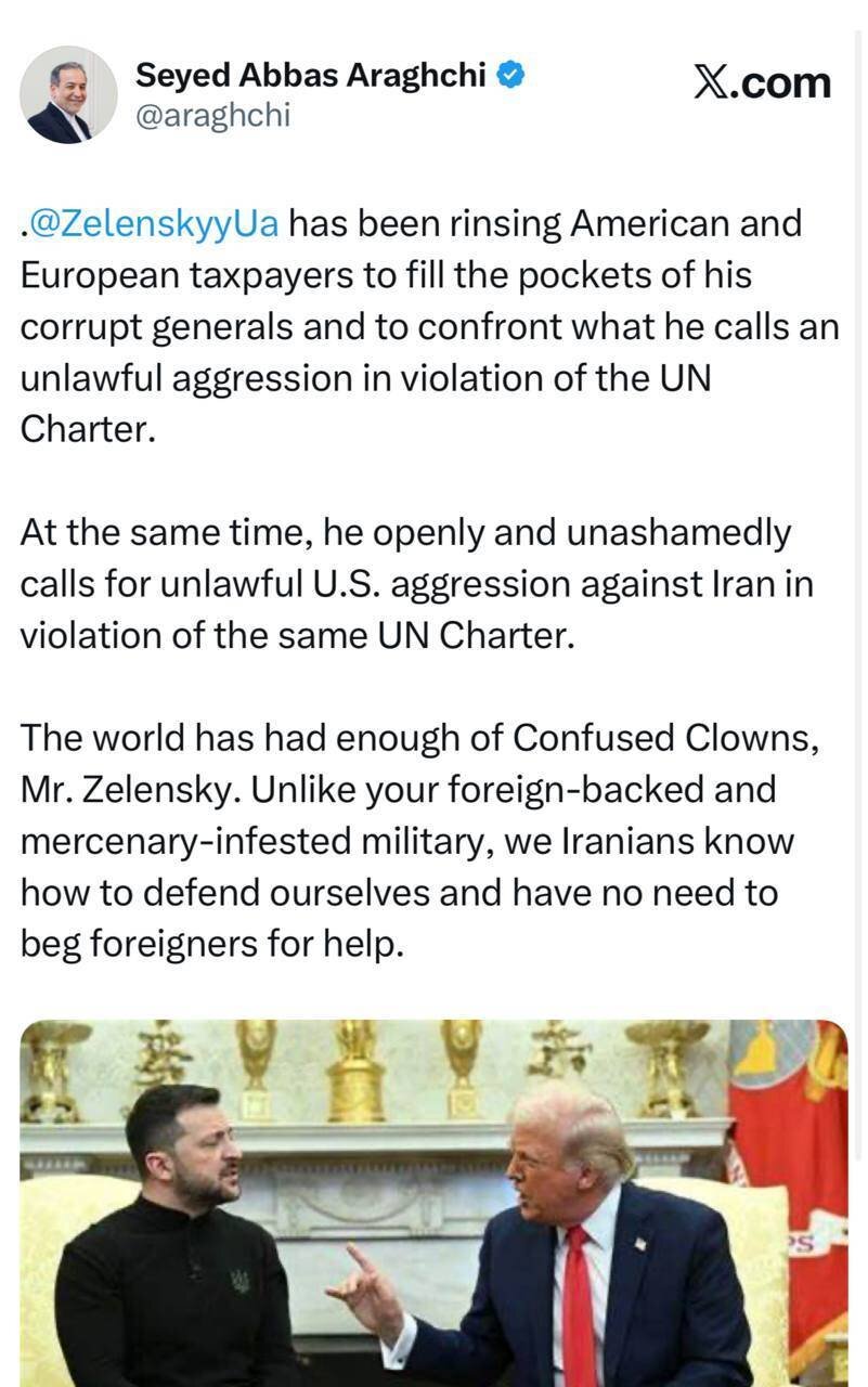 حرف‌های تند و تیز عراقچی علیه زلنسکی: مزدور و دلقک