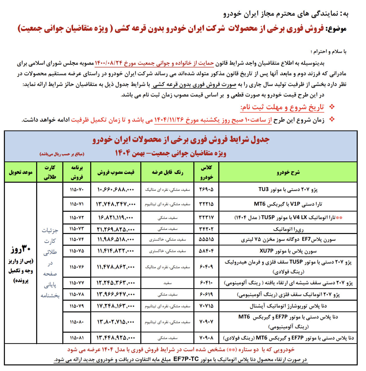 فروش فوقالعاده ۱۲ محصول ایرانخودرو از یکشنبه ۲۶ بهمن ۱۴۰۴ +قیمت
