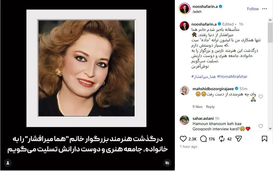 صبح سهشنبه با این خبر تلخ آغاز شد؛ هما میرافشار درگذشت