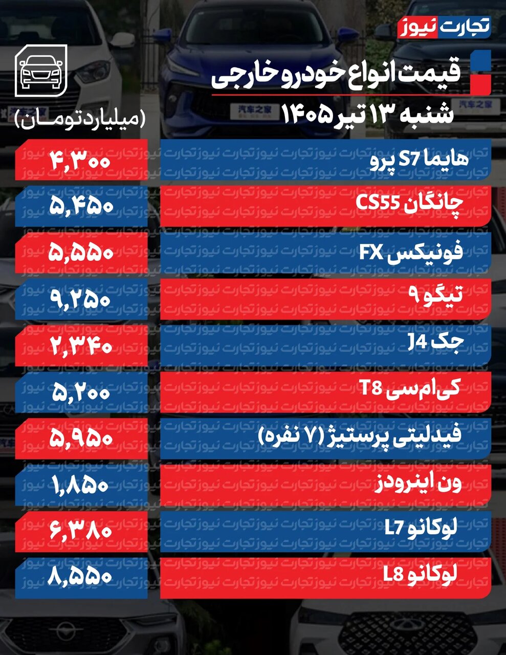 قیمت خودرو بازار آزاد امروز شنبه ۱۳ تیر ۱۴۰۵ +جدول