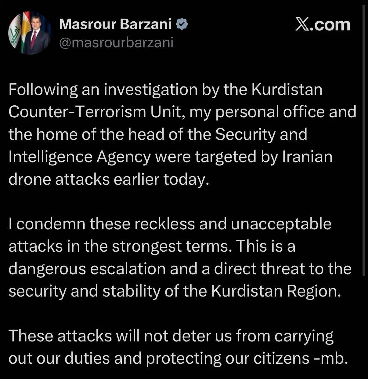 بارزانی: دفترم هدف حمله ایران قرار گرفت