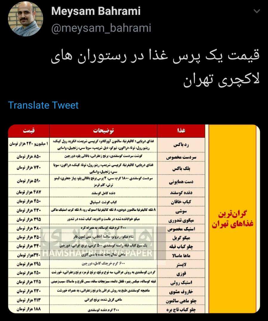 چلوکباب 340هزار تومان + قیمت غذاهای لاکچری در تهران! چلوکباب 340هزار تومان + قیمت غذاهای لاکچری در تهران!