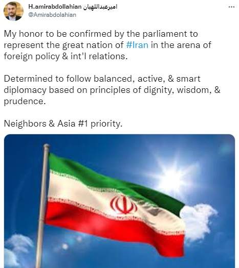 اولین توئیت امیر عبداللهیان در سمت وزیر خارجه؛ «غرب» از اولویت خارج شد! +عکس