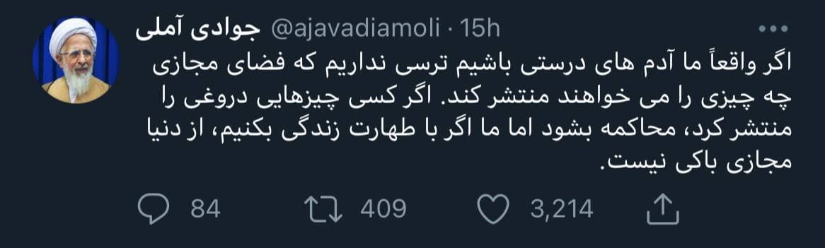 واکنش آیت‌الله جوادی آملی به طرح صیانت: نباید از فضای مجازی بترسیم