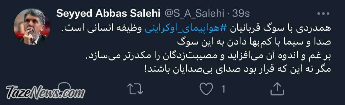 توئیت صالحی برای قربانیان هواپیمای اوکراینی: صداوسیما مصیبتزدگان را مکدرتر نکند! توئیت صالحی برای قربانیان هواپیمای اوکراینی: صداوسیما مصیبتزدگان را مکدرتر نکند!