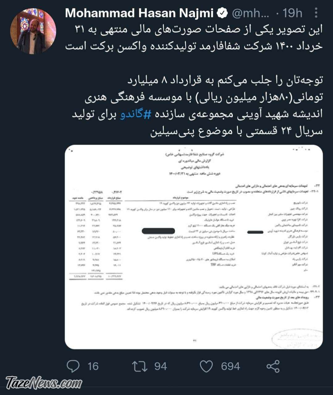 فاکتور ۸میلیاردی واکسن برکت برای ساخت سریال! +عکس فاکتور ۸میلیاردی واکسن برکت برای ساخت سریال! +عکس