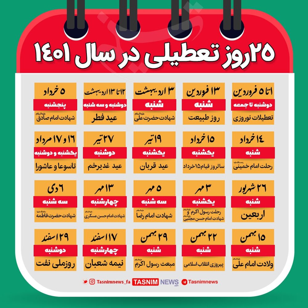 سال ۱۴۰۱ چند روز تعطیلی دارد؟