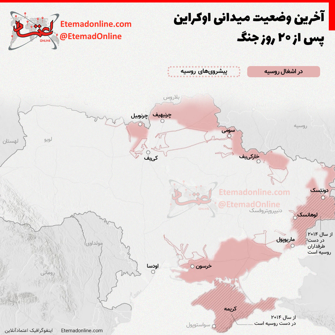 آخرین وضعیت پیشروی روسیه در اوکراین پس از ۲۰ روز جنگ