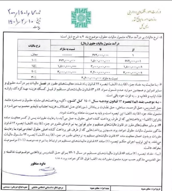 جدول نرخ جدید مالیات بر درآمد حقوق ۱۴۰۱