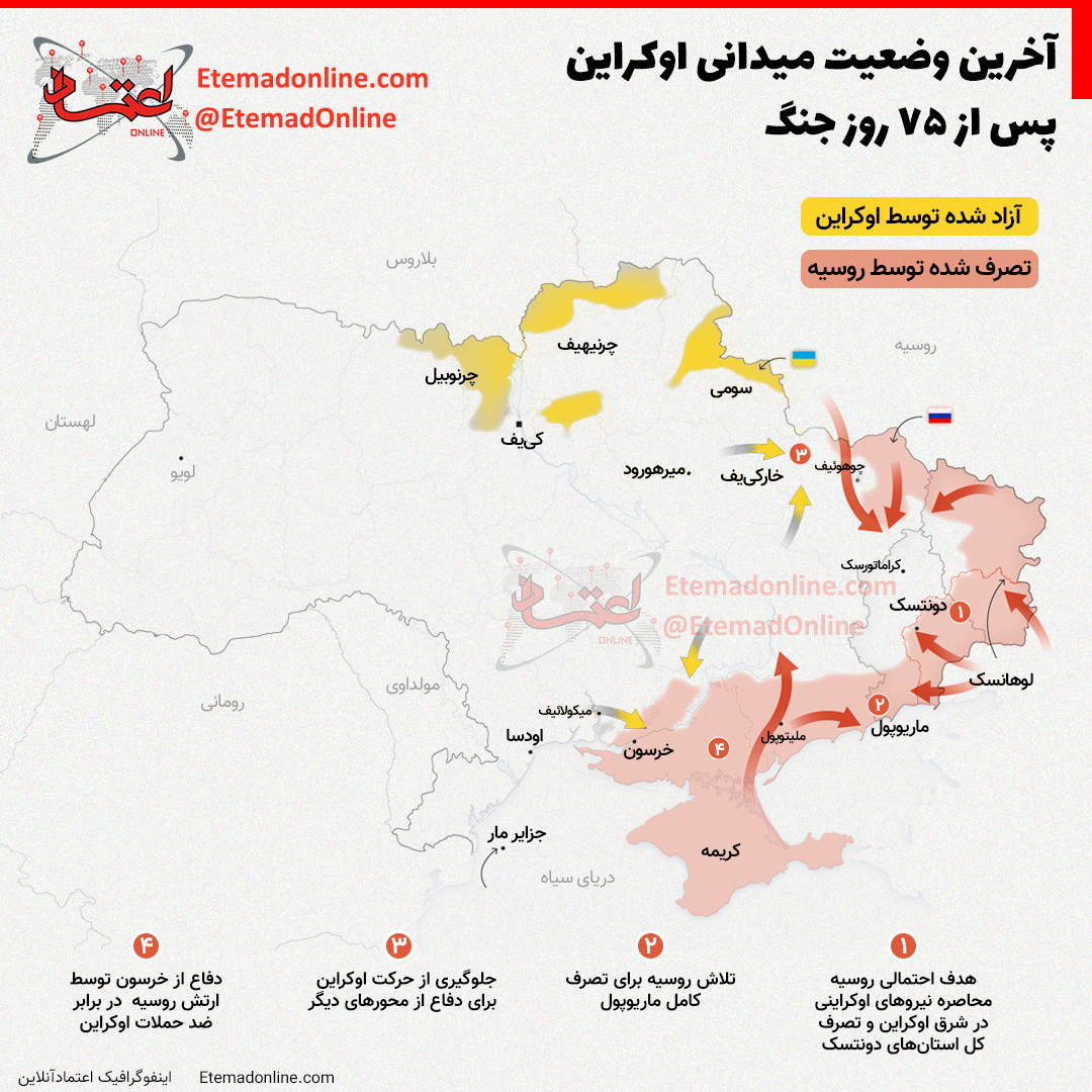 آخرین نقشه اوکراین پس از ۷۵ روز جنگ