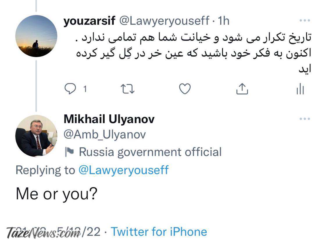 پاسخ عجیب اولیانوف به یک کاربر ایرانی در مورد مذاکرات وین +عکس