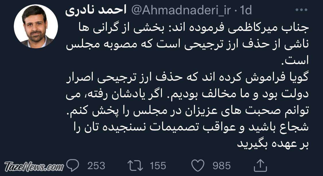 متلک نماینده مجلس خطاب به دولت: شجاع باشید و گرانی‌ها را گردن بگیرید!