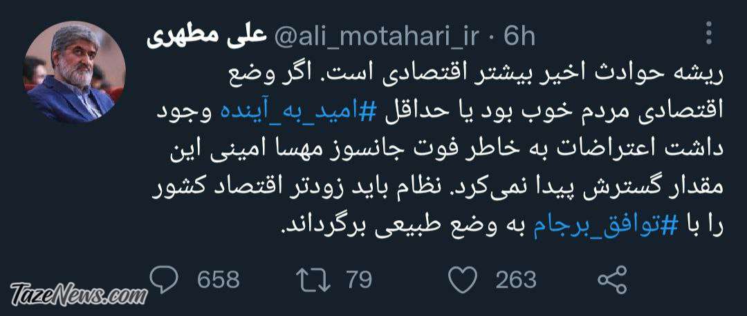 پیشنهاد علی مطهری به دولت برای آرام‌کردن کشور
