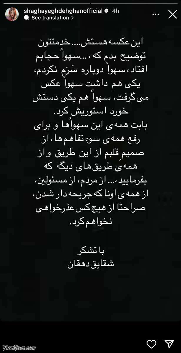شقایق دهقان هم عکس بدون حجاب منتشر کرد؛ سهوا افتاد، سهوا استوری  کردم/ عذرخواهی نمی‌کنم! +عکس