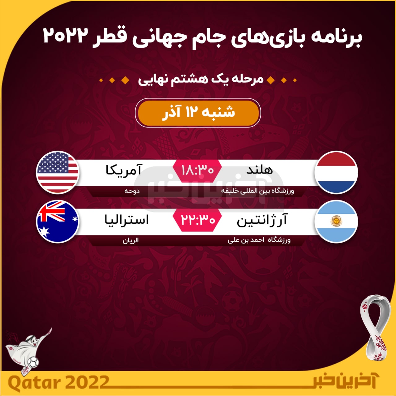 پخش زنده بازی‌های جام جهانی امروز شنبه ۱۲ آذر/ ساعت بازی آرژانتین و استرالیا