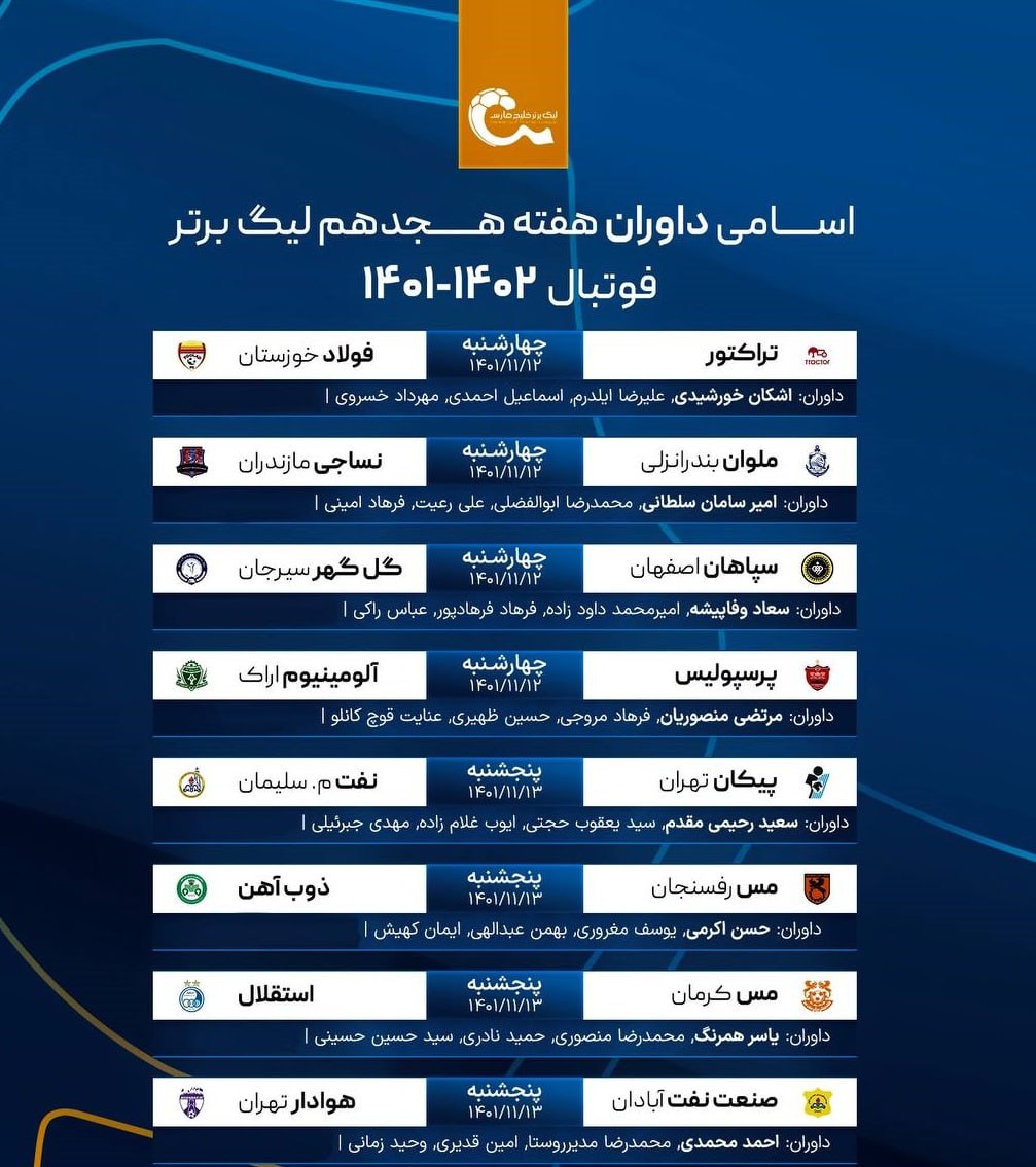 اسامی داوران بازی‌های پرسپولیس و استقلال در هفته هجدهم