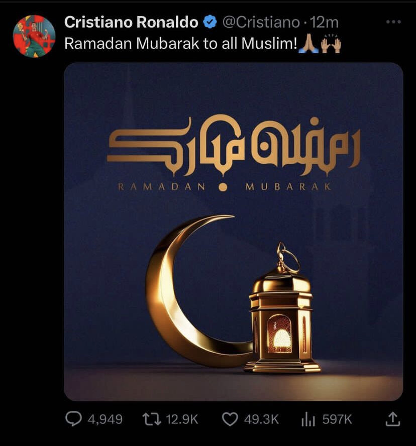 تبریک ویژه رونالدو به مسلمانان: رمضان مبارک! +عکس