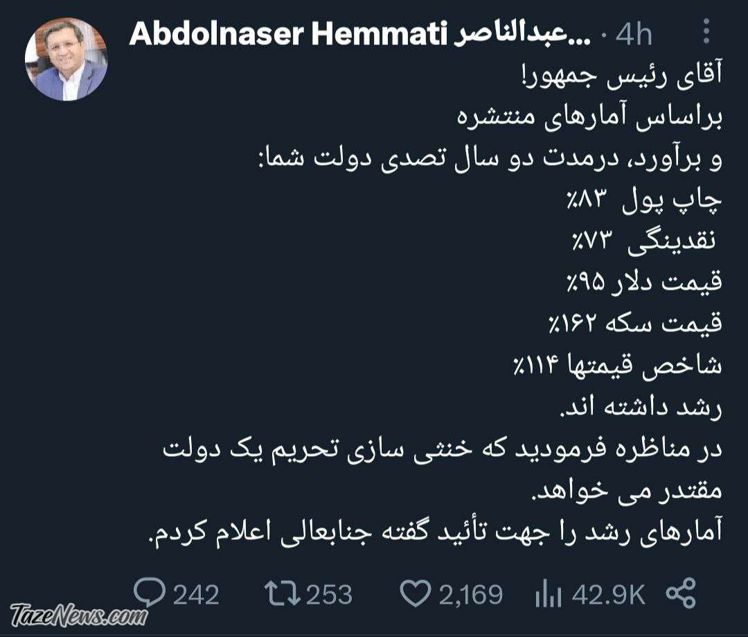 حمله دوباره همتی به دولت رئیسی: قیمت دلار ۹۵درصد افزایش یافته است! حمله دوباره همتی به دولت رئیسی: قیمت دلار ۹۵درصد افزایش یافته است!