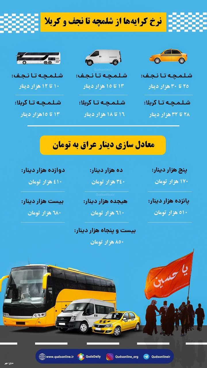 نرخ کرایه‌ها از شلمچه تا نجف و کربلا +عکس