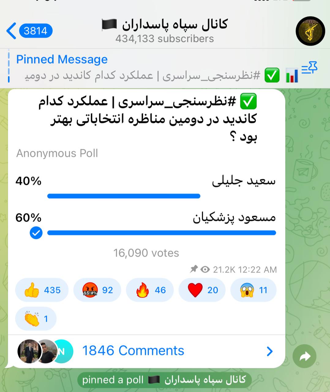کانال سپاه برنده مناظره انتخاباتی را اعلام کرد +نتیجه نظرسنجی