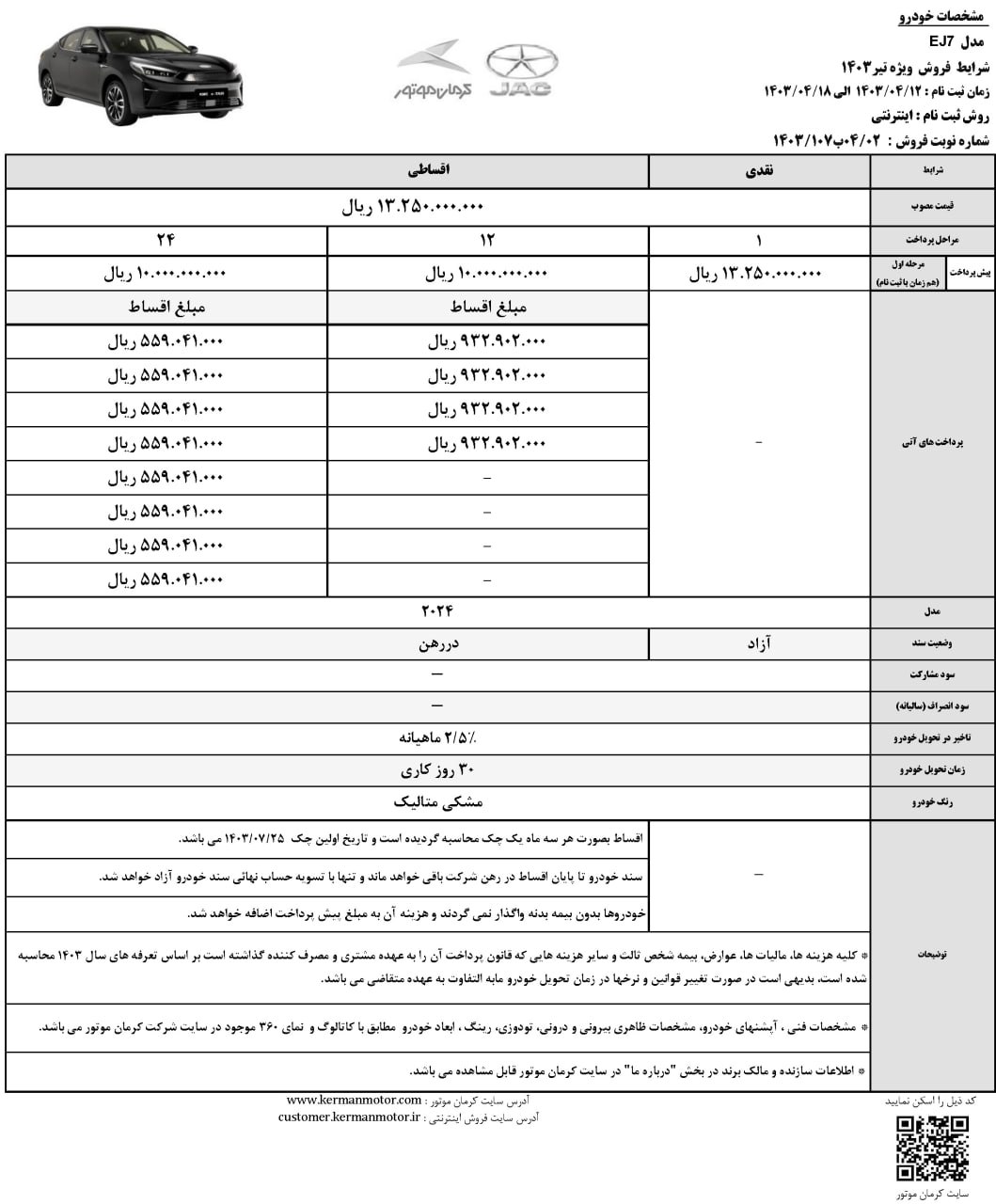 فروش نقدی و اقساطی یک خودرو از فردا ۱۲ تیر ۱۴۰۳ +قیمت فروش نقدی و اقساطی یک خودرو از فردا ۱۲ تیر ۱۴۰۳ +قیمت