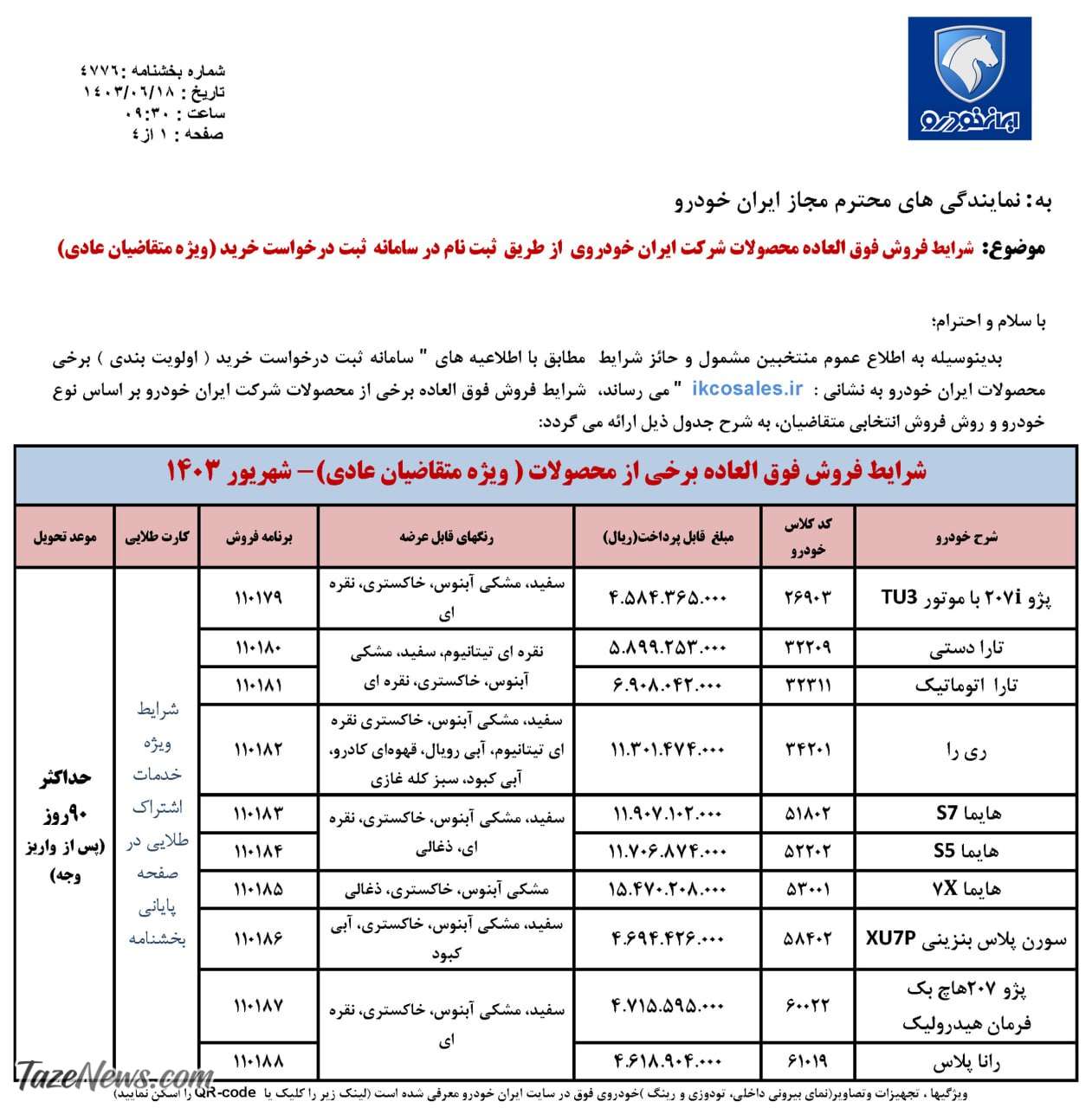 فروش فوق‌العاده ۱۰ محصول ایران خودرو از امروز یک‌شنبه ۱۸ شهریور ۱۴۰۳ +قیمت