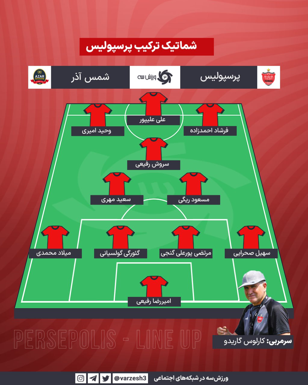 اعلام ترکیب پرسپولیس مقابل شمس‌آذر؛ غیبت عجیب دروازه‌بان سرخ‌ها +شماتیک