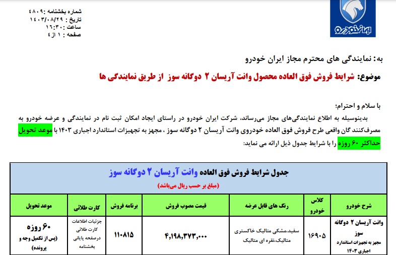 فروش فوق‌‌العاده ایران خودرو از امروز ۱ آذر ۱۴۰۳ +قیمت