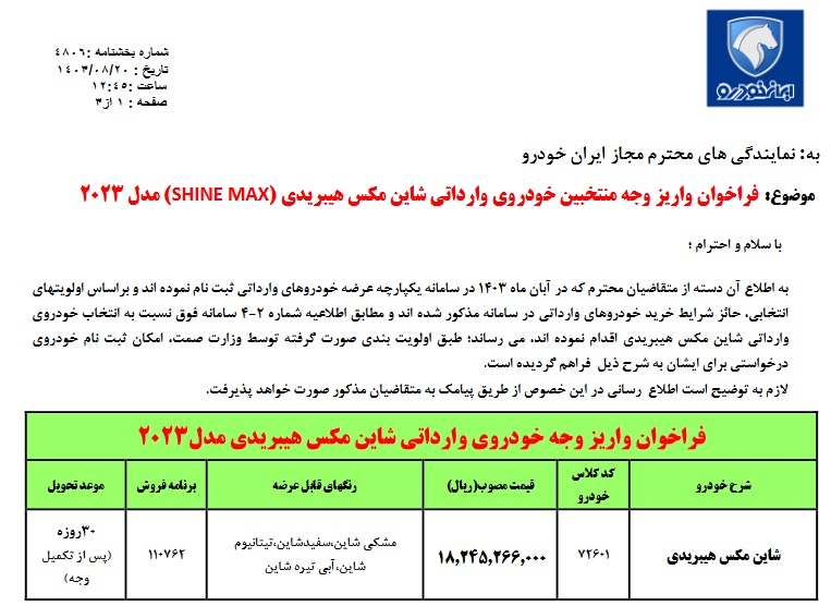 فروش فوق‌العاده ۲ خودرو ویژه آبان ۱۴۰۳ +قیمت