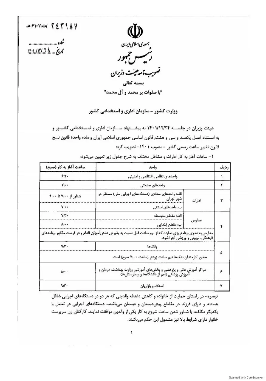 ساعت کار ادارات از شنبه اعلام شد
